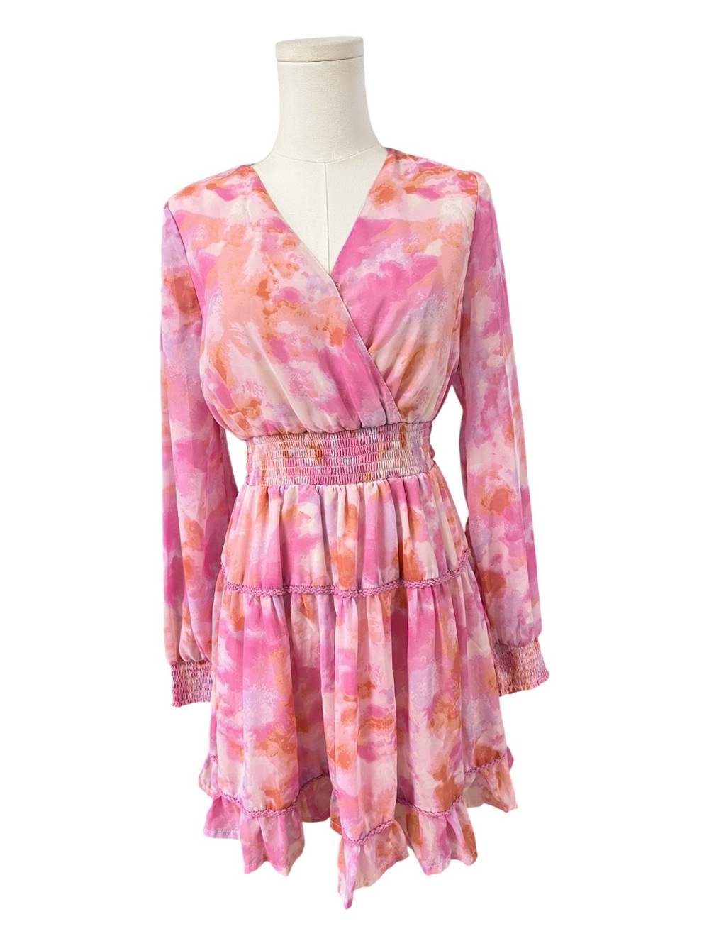 EUC Japna Pink & Peach Watercolor Tiered Mini Dress | Size M